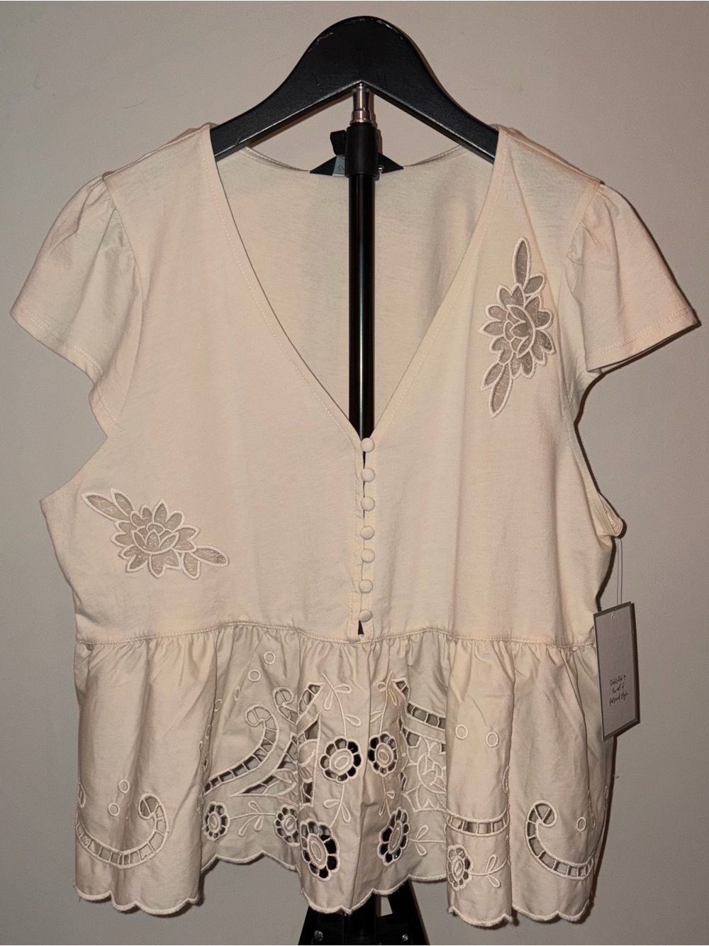Calligraphie V-neck ivory embroidered eyelet peplum blouse sz L NWT
